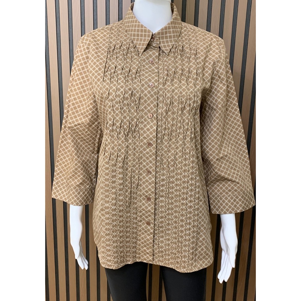 Coldwater Creek Tan Diamond Pintuck Pleated Cotton Blouse 3/4 Sleeve Large